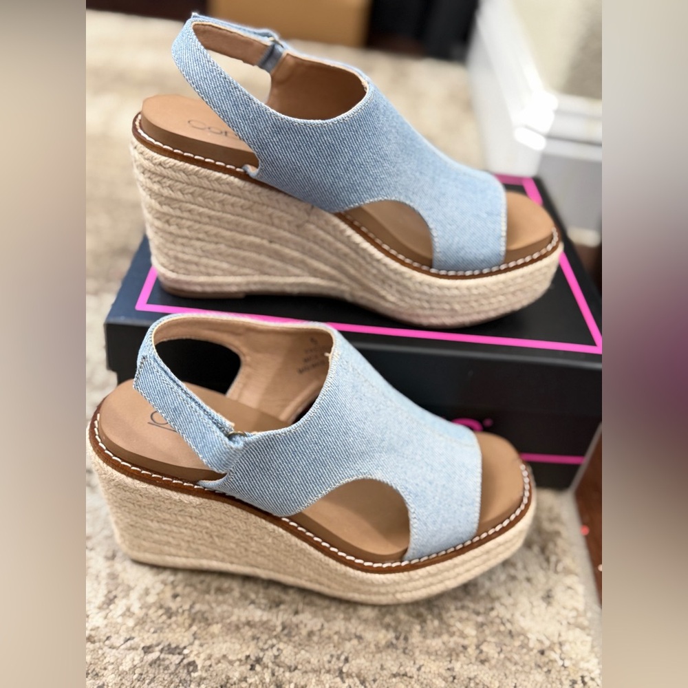 Corkys Light Blue Denim Wedge Sandals - Picture 4 of 5